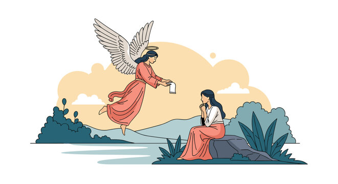 Biblical illustration of an angel with large wings presenting a scroll to a woman sitting in a natural landscape.