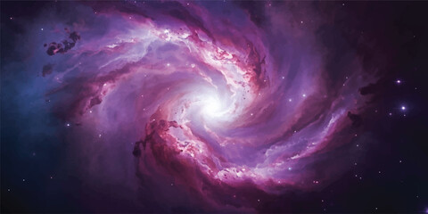 A digital art illustration of the heart of space featuring a glowing purple nebula and blue star vortex within an abstract background swirl of a cosmic night sky © Midul