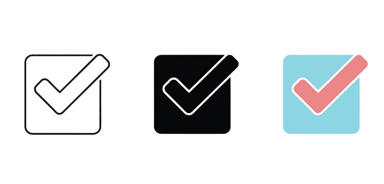 Check mark icons Vector Set in Three Styles &mdash; Line Art, Silhouette and Color Version representing task completion