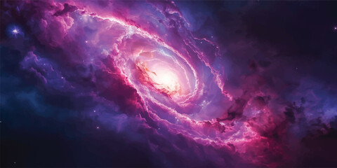 An abstract galaxy background features a cosmic nebula cloud of purple and blue smoke textures illuminated by bright stars and glowing light across the dark astronomy universe © Midul