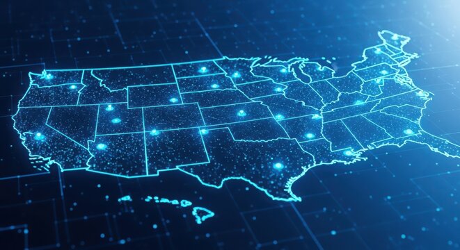 Futuristic map of the United States with glowing blue connections