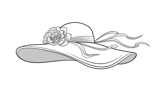 Stylish wide-brimmed women's sun hat in white with a decorative flower and ribbon is shown in a clean line-art style.