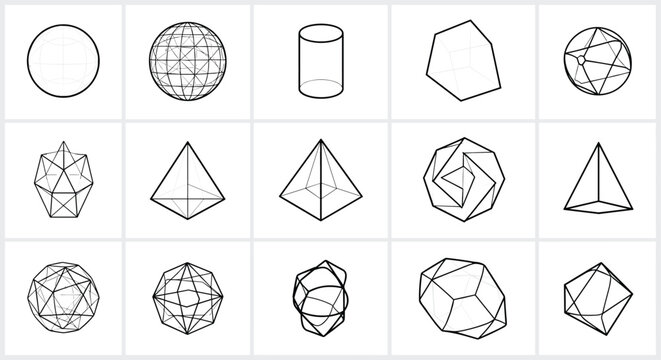 Detailed collection of various geometric 3d shapes and polyhedrons including spheres, pyramids, and cylinders presented in a clean grid for education.