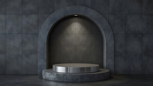 Silver metal podium inside a dark concrete arch. Minimalist background.
