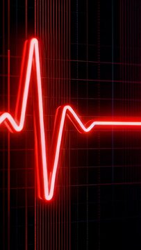 Vertical video: Pulsing red neon trace starting near baseline, crossing dark grid, monitoring heart