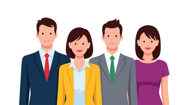 Four business people standing together smiling.