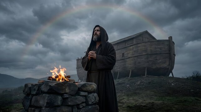 Noah praying at the altar fire with an ark in the background and a rainbow in the sky. Biblical scene of sacrifice after the great flood. Traditional narrative of faith and salvation.