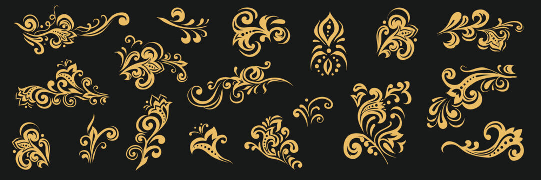 Golden arabesques and decorative elements on black isolated background. Vintage swirl-style ornament. Elegant filigree ornament. Vector Slavic traditional motif. For card, wedding, and invitation.