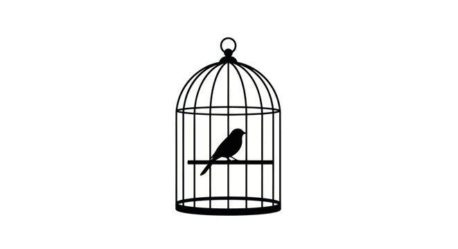 Bird Sitting on Perch Inside Cage.