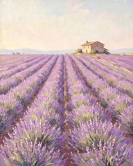 Obraz premium A beautiful landscape of lavender fields with a rustic house in the background.