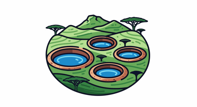 Stylized green planetoid with water pools and acacia trees