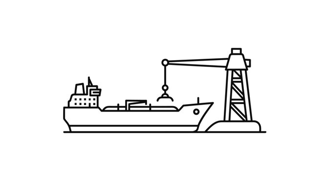 Cargo tanker ship at seaport dock with loading crane line icon illustration for maritime transport and logistics