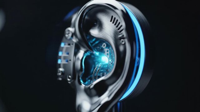 A futuristic cyborg head with blue lights and metallic components against a dark background, evoking a sense of advanced technology and innovation.