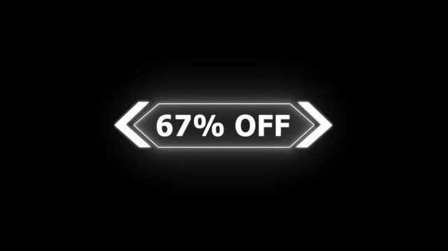 Abstract 67 Percent Off Sale Discount Offer promotion savings deal ideal for e-commerce, advertising, and marketing campaigns. Neon Glowing Banner Animation on Sunburst Background Overlay Loop.