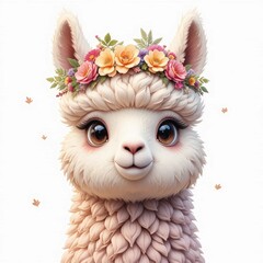 Obraz premium Cute and Adorable Cartoon Alpaca with Flower Crown and Big Eyes in a Whimsical Style