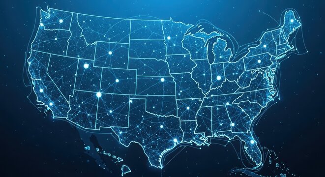 Glowing blue map of the United States with illuminated state lines and major cities on a dark background