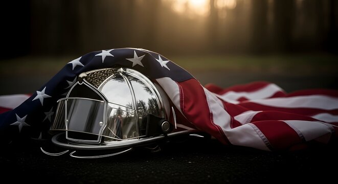 Firefighter's helmet on american flag