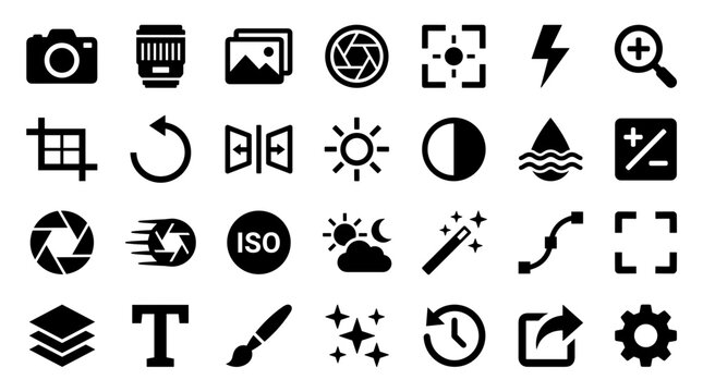 Collection of modern flat icons representing photography editing tools and camera functions for digital design and creative applications