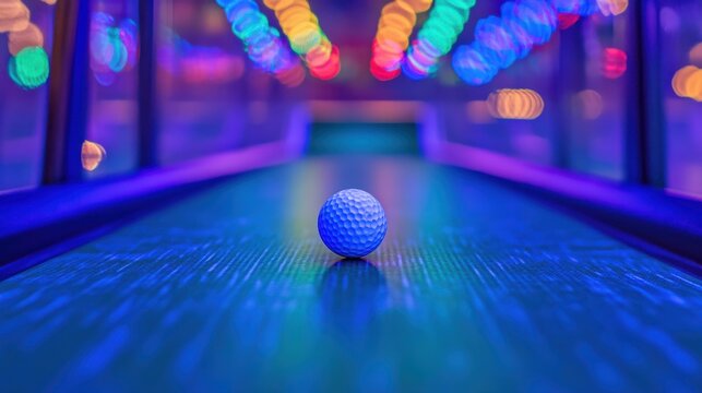 Blue Golf Ball Glowing On A Mini Golf Course