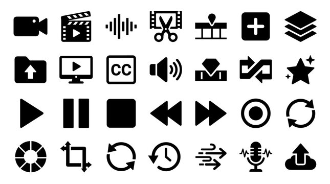 Collection of black video editing icons and symbols representing digital media creation and multimedia production tools on a white background