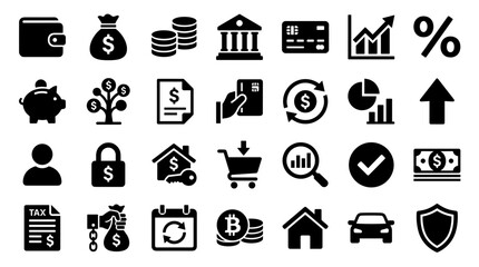 Collection of finance and business icons representing money management, savings, investment, banking, and digital payments on a white background © Iconique Studio