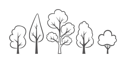 Five simple line trees with varied canopy shapes and trunk structures nature forest © MrZayang