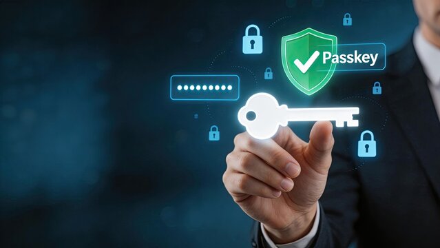 Businessman touching virtual passkey security icon digital authentication concept cybersecurity biometric login data protection passwordless technology modern encryption safe