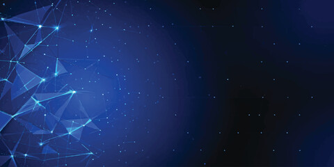 A deep blue abstract space background features a starry night sky with a glowing nebula and shimmering particles across a dark cosmic universe © Midul