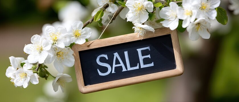 Wooden chalkboard sign with sale message hanging on a tree branch in a blurred spring setting with flowers in bloom