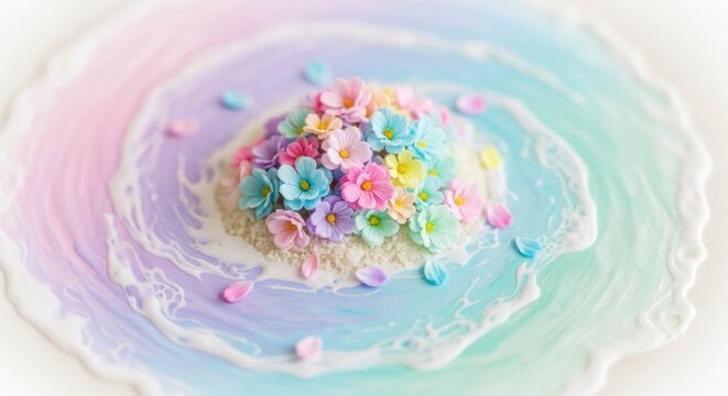 Colorful floral arrangement on a pastel surface with soft dreamy lighting