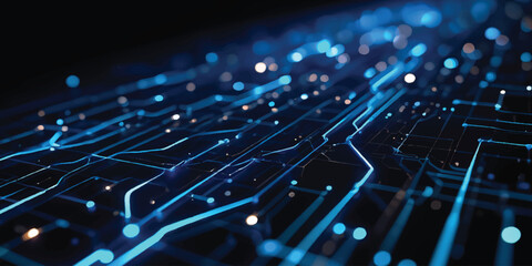 A high-tech digital communication background featuring a blue circuit board and glowing fiber optic cables to represent a modern electronic data network and internet hardware connection concept © Midul