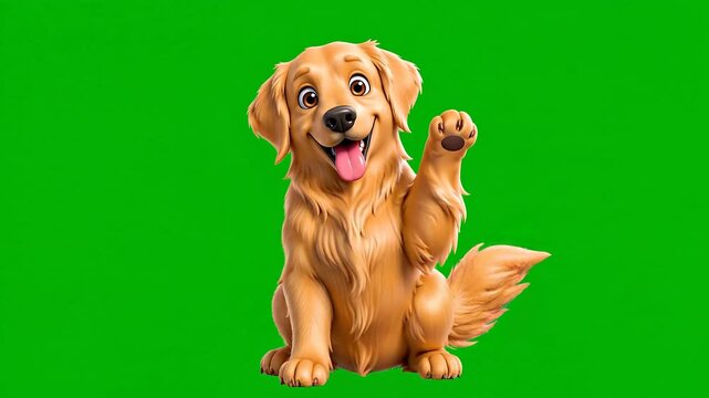 Happy Golden Retriever Puppy Waving Paw on Green Screen.