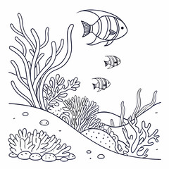 Underwater ocean scene coloring page with fishes swimming amongst seaweeds and corals on sandy seabed, marine life © Sirajum