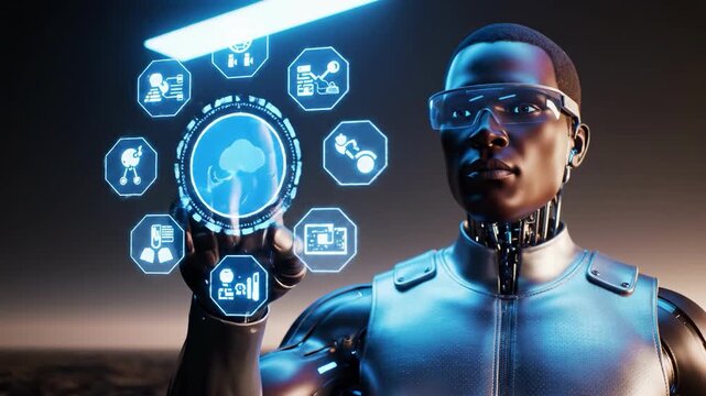 A futuristic cyborg in a metallic suit interacts with a digital interface, symbolizing human-machine integration and advanced technology.