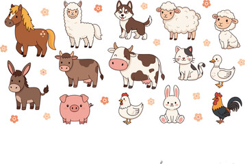 Obraz premium Farm Animal Character Set with Cute Donkey, Sheep, Horse, Cow, and More, Cartoon Style