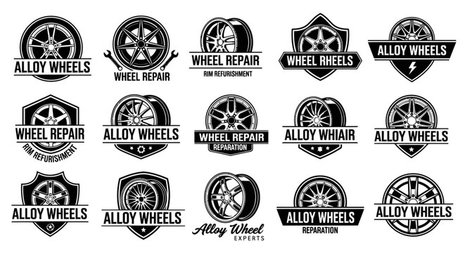 Set of alloy wheels and wheel repair logos in monochrome style