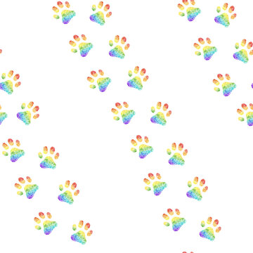 Rainbow Seamless Cat Paw Pattern On White Background