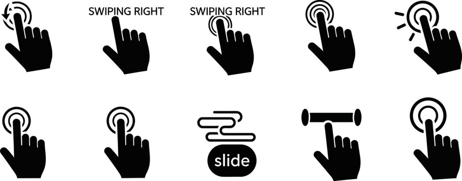 Black hand icons for swiping and clicking actions on white background