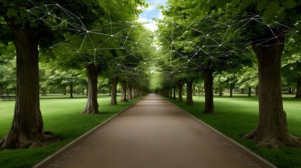 Obraz premium Symmetrical park pathway lined with trees connected by a digital network symbolizing future technology and nature integ n