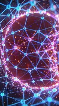 Magenta rim emerging, pulling back while blue nodes pulsing and orange sparks showing tech energy