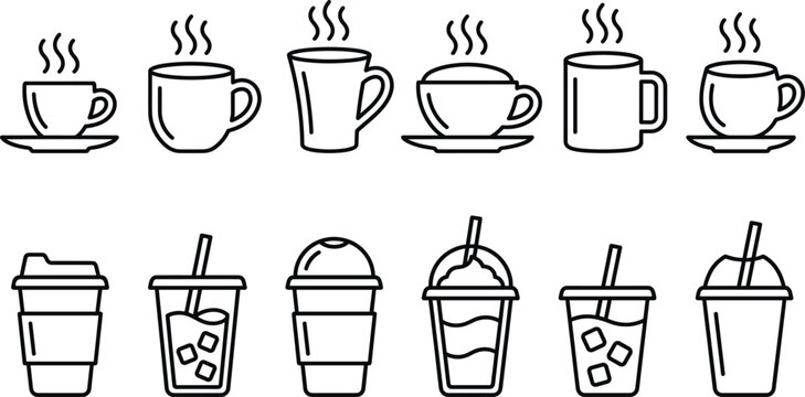 Coffee Cup Line Icon Set with Hot Drinks and Cold Beverages Including Takeaway Cups Mugs and Iced Drinks for Cafe Menu and App Design
