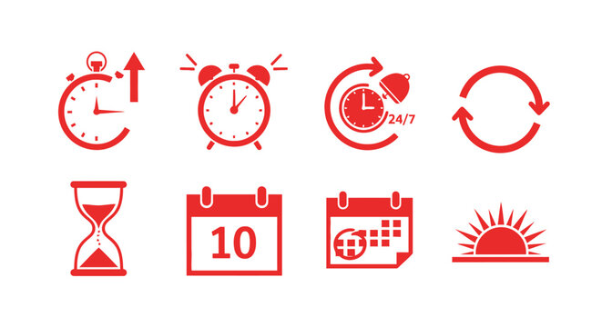Set of time and calendar icons in red on a white background
