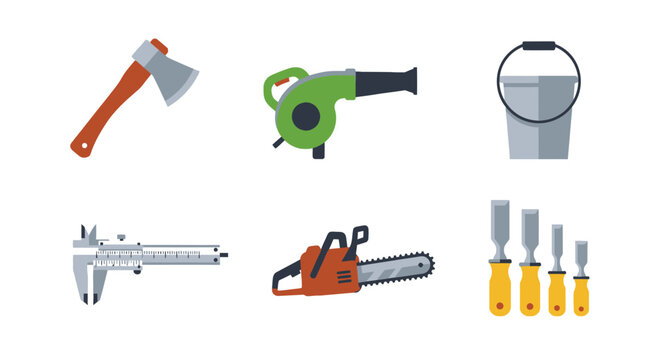 Set of tools axe leaf blower bucket caliper chainsaw and chisels