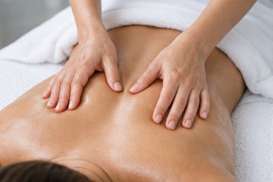 Massage therapist hands giving relaxing back massage. Ai generative