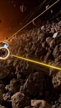 CubeSat entering asteroid belt, rotating and translating, emitting four yellow beams to map rocks