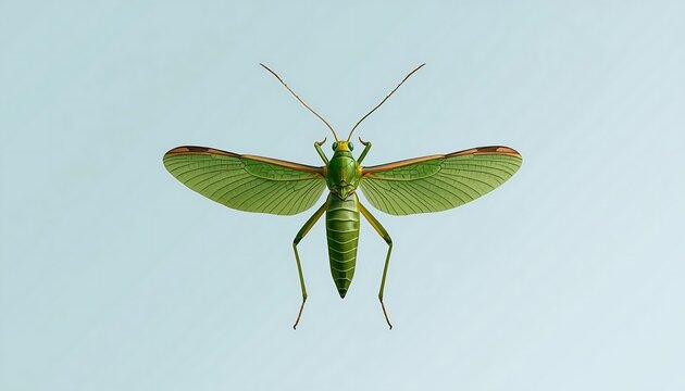 A vibrant green grasshopper-like insect with prominent wings and long antennae stands against a soft light blue background.