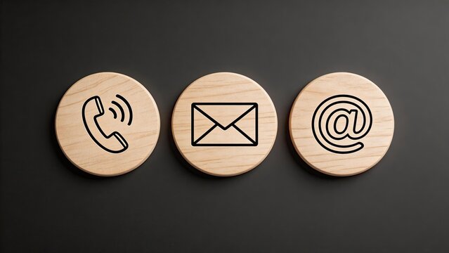 Three wooden buttons with phone mail and email icons on dark background for contact communication design business support customer service helpdesk and digital marketing concepts