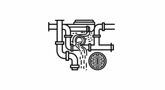 Detailed illustration of plumbing pipes and a circular grate with water flowing