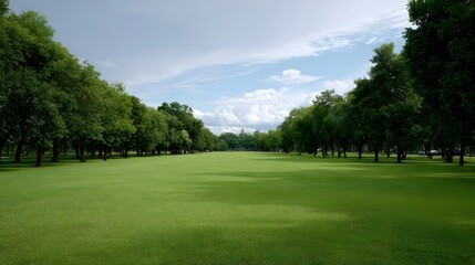 Obraz premium Expansive green park lawn with rows of trees under a partly cloudy sky on a sunny day