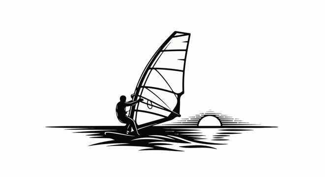 Silhouette of windsurfer on waves with sunrise over ocean